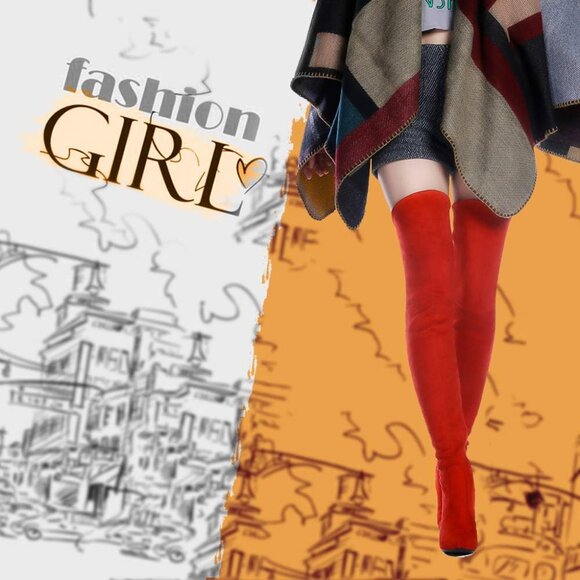 Women Red Suede Stretch Thigh High Over The Knee Chunky Heel Pointed Toe Boots - Picture 2 of 7